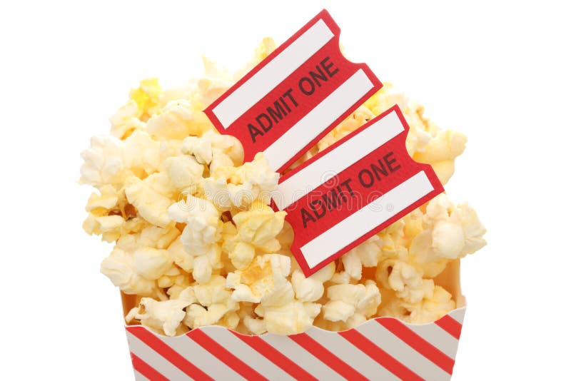 Popcorn and tickets stock photo