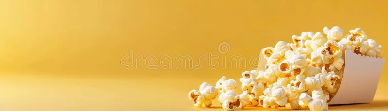 Popcorn überfließt in einem klassischen rot-weiß gestreiften Behälter auf lebhaftem gelben Hintergrund. Überfließender Popcorn in einem klassischen rot-weiß gestreiften Container auf einer lebhaften gelben Kulisse Generative ai