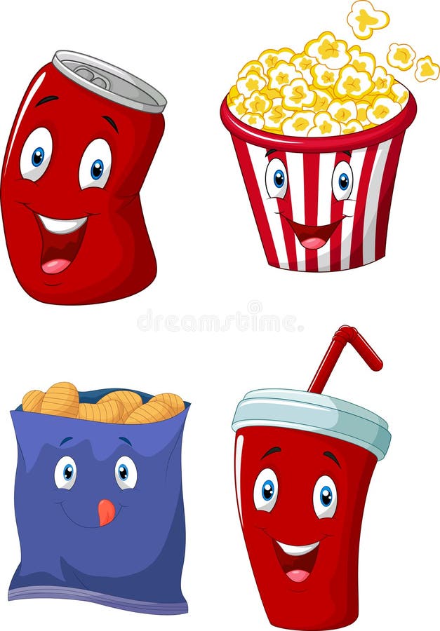 Popcorn κινούμενων σχεδίων, μη αλκοολούχο ποτό, τηγανιτές πατάτες και τσιπ πατατών ελεύθερη απεικόνιση δικαιώματος
