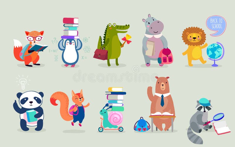 Popiera szkół zwierzęta ręki rysujący styl, edukacja temat charaktery śliczni Niedźwiedź, pingwin, hipopotam, panda, lis i inny, royalty ilustracja Popiera szkół zwierzęta ręki rysujący styl, edukacja temat charaktery śliczni Niedźwiedź, pingwin, hipopotam, panda, lis i inny, royalty ilustracja