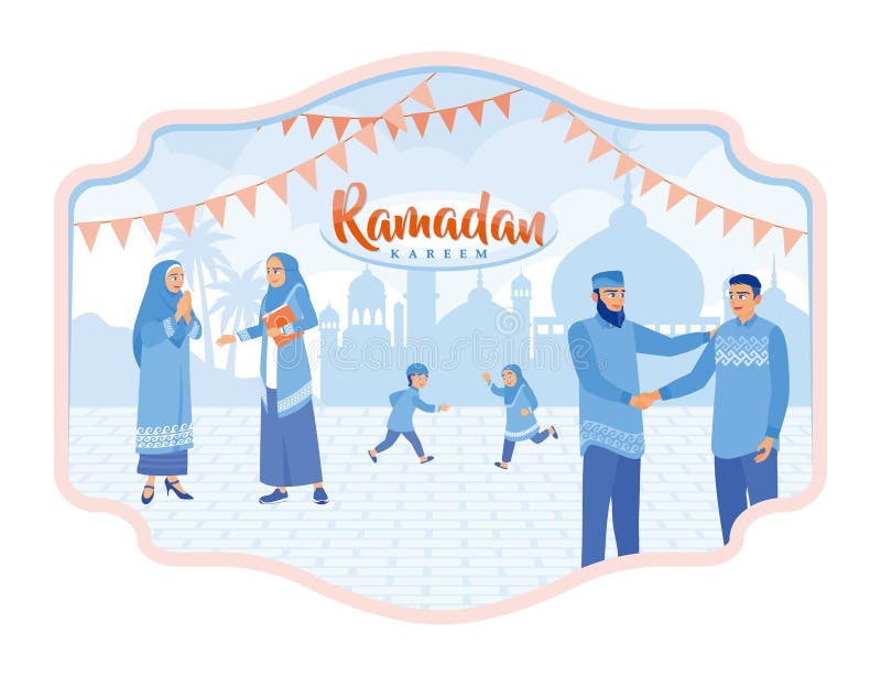 Poporul musulman se salută și își dă mâna. copiii se joacă împreună. stock illustration