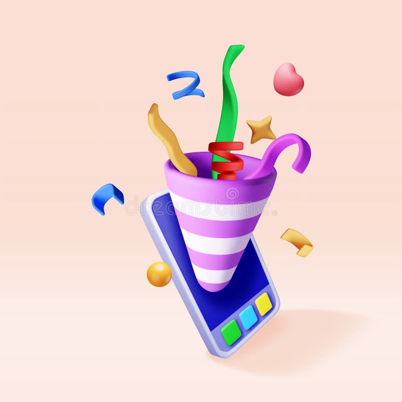 Popper de partido 3D con confetti en el teléfono móvil. Confeti plasticine en smartphone. Elementos firecacker de color en varias formas. Sorpresa por fiestas de fiesta o cumpleaños. Ilustración del vector