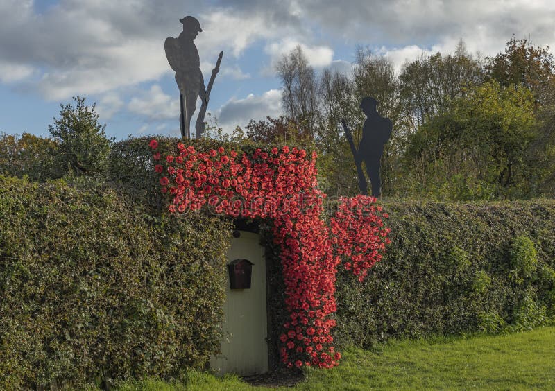 Northwich, Cheshire, UK - November 10th 2023 - Poppies and soilders made from recycled materials on a hedge and green arched gateway to a house to celebrate armistice day. Northwich, Cheshire, UK - November 10th 2023 - Poppies and soilders made from recycled materials on a hedge and green arched gateway to a house to celebrate armistice day