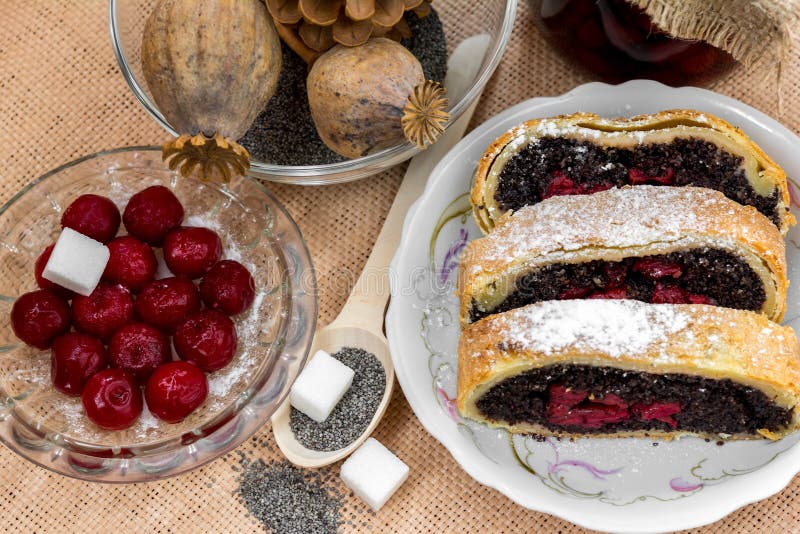 Poppy Seed Strudel with Cherry. Stock Photo Image of kitchen, black