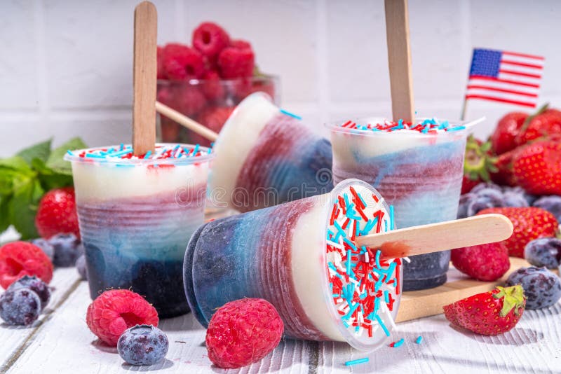 Red, white and blue ice pops. Patriotic USA lollypops ice cream for july 4 party or bbq picnic, tasty popsicles with fruit berry flavours. Red, white and blue ice pops. Patriotic USA lollypops ice cream for july 4 party or bbq picnic, tasty popsicles with fruit berry flavours