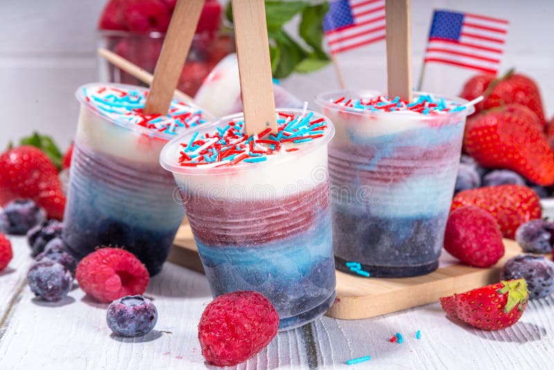 Red, white and blue ice pops. Patriotic USA lollypops ice cream for july 4 party or bbq picnic, tasty popsicles with fruit berry flavours. Red, white and blue ice pops. Patriotic USA lollypops ice cream for july 4 party or bbq picnic, tasty popsicles with fruit berry flavours