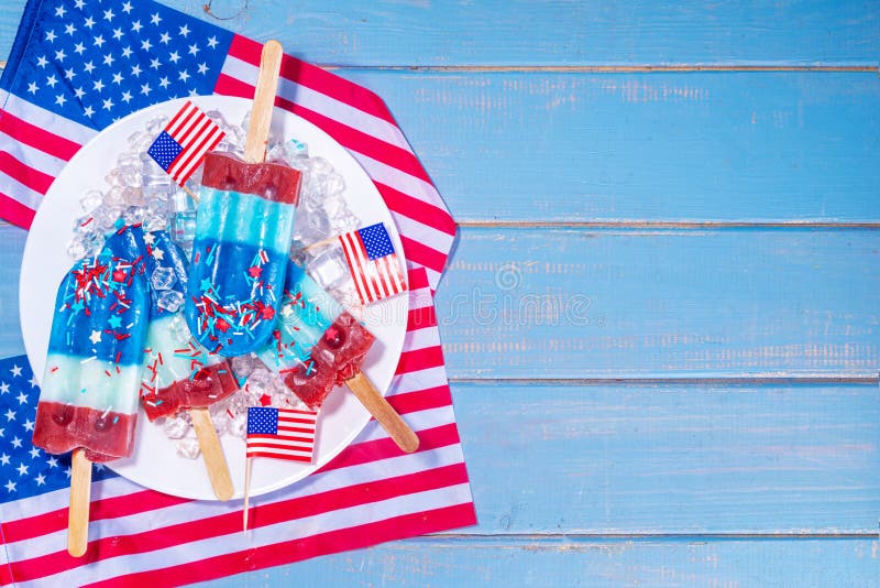 Red, white and blue ice pops. Patriotic USA lollypops ice cream for july 4 party or bbq picnic, tasty popsicles with fruit berry flavours. Red, white and blue ice pops. Patriotic USA lollypops ice cream for july 4 party or bbq picnic, tasty popsicles with fruit berry flavours