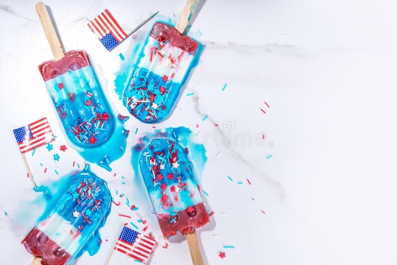 Red, white and blue ice pops. Patriotic USA lollypops ice cream for july 4 party or bbq picnic, tasty popsicles with fruit berry flavours. Red, white and blue ice pops. Patriotic USA lollypops ice cream for july 4 party or bbq picnic, tasty popsicles with fruit berry flavours