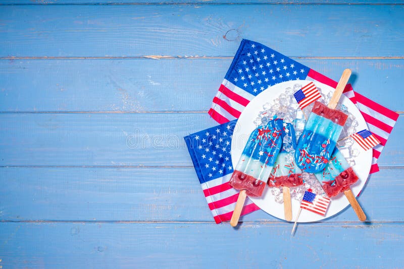 Red, white and blue ice pops. Patriotic USA lollypops ice cream for july 4 party or bbq picnic, tasty popsicles with fruit berry flavours. Red, white and blue ice pops. Patriotic USA lollypops ice cream for july 4 party or bbq picnic, tasty popsicles with fruit berry flavours