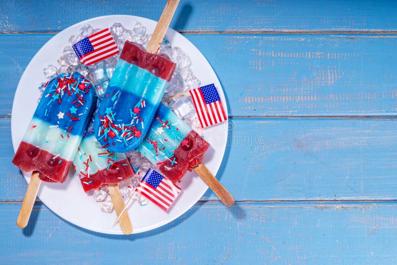 Red, white and blue ice pops. Patriotic USA lollypops ice cream for july 4 party or bbq picnic, tasty popsicles with fruit berry flavours. Red, white and blue ice pops. Patriotic USA lollypops ice cream for july 4 party or bbq picnic, tasty popsicles with fruit berry flavours