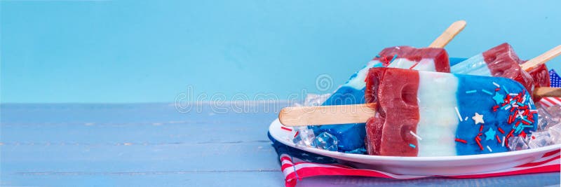 Red, white and blue ice pops. Patriotic USA lollypops ice cream for july 4 party or bbq picnic, tasty popsicles with fruit berry flavours. Red, white and blue ice pops. Patriotic USA lollypops ice cream for july 4 party or bbq picnic, tasty popsicles with fruit berry flavours