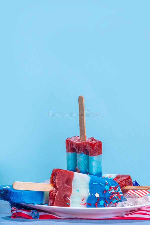 Red, white and blue ice pops. Patriotic USA lollypops ice cream for july 4 party or bbq picnic, tasty popsicles with fruit berry flavours. Red, white and blue ice pops. Patriotic USA lollypops ice cream for july 4 party or bbq picnic, tasty popsicles with fruit berry flavours