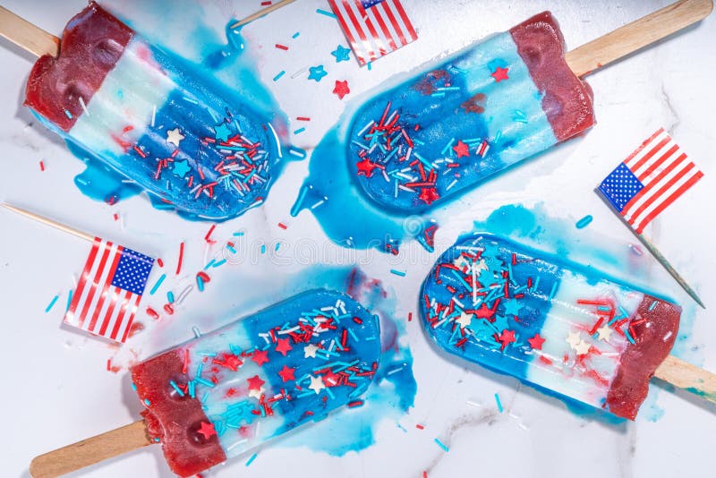 Red, white and blue ice pops. Patriotic USA lollypops ice cream for july 4 party or bbq picnic, tasty popsicles with fruit berry flavours. Red, white and blue ice pops. Patriotic USA lollypops ice cream for july 4 party or bbq picnic, tasty popsicles with fruit berry flavours