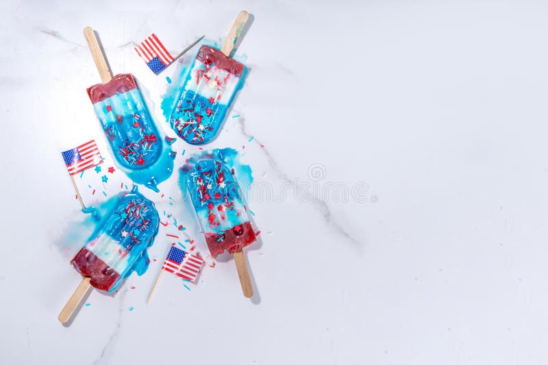 Red, white and blue ice pops. Patriotic USA lollypops ice cream for july 4 party or bbq picnic, tasty popsicles with fruit berry flavours. Red, white and blue ice pops. Patriotic USA lollypops ice cream for july 4 party or bbq picnic, tasty popsicles with fruit berry flavours
