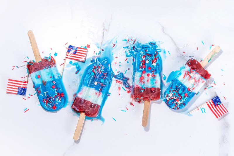 Red, white and blue ice pops. Patriotic USA lollypops ice cream for july 4 party or bbq picnic, tasty popsicles with fruit berry flavours. Red, white and blue ice pops. Patriotic USA lollypops ice cream for july 4 party or bbq picnic, tasty popsicles with fruit berry flavours