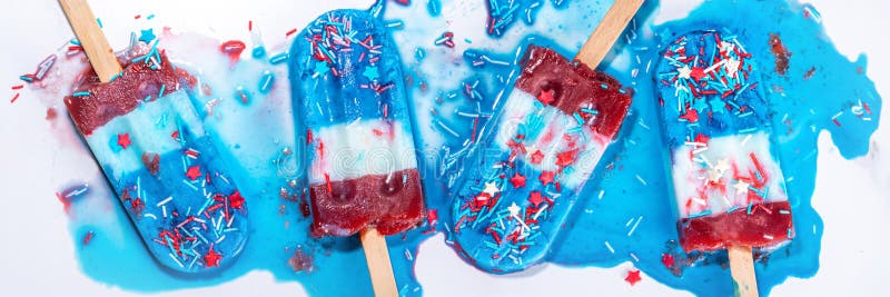 Red, white and blue ice pops. Patriotic USA lollypops ice cream for july 4 party or bbq picnic, tasty popsicles with fruit berry flavours. Red, white and blue ice pops. Patriotic USA lollypops ice cream for july 4 party or bbq picnic, tasty popsicles with fruit berry flavours