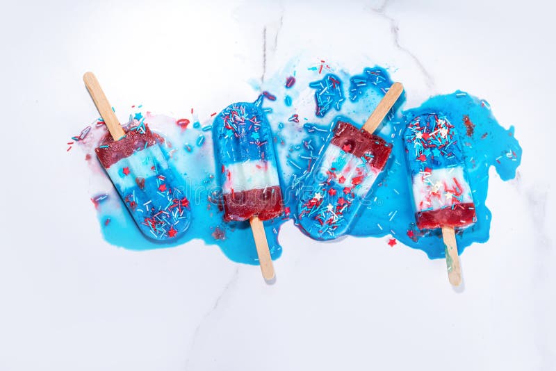 Red, white and blue ice pops. Patriotic USA lollypops ice cream for july 4 party or bbq picnic, tasty popsicles with fruit berry flavours. Red, white and blue ice pops. Patriotic USA lollypops ice cream for july 4 party or bbq picnic, tasty popsicles with fruit berry flavours