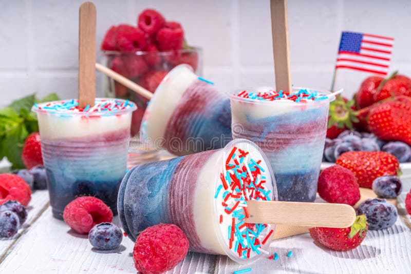 Red, white and blue ice pops. Patriotic USA lollypops ice cream for july 4 party or bbq picnic, tasty popsicles with fruit berry flavours. Red, white and blue ice pops. Patriotic USA lollypops ice cream for july 4 party or bbq picnic, tasty popsicles with fruit berry flavours