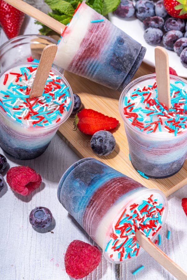 Red, white and blue ice pops. Patriotic USA lollypops ice cream for july 4 party or bbq picnic, tasty popsicles with fruit berry flavours. Red, white and blue ice pops. Patriotic USA lollypops ice cream for july 4 party or bbq picnic, tasty popsicles with fruit berry flavours