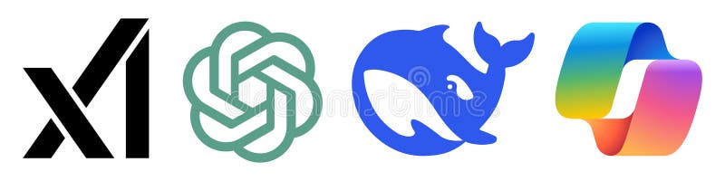 Popular AI chatbot services: OpenAI ChatGPT, DeepSeek, Grok, Microsoft Copilot logo, chatbot and machine learning, cutting-edge stock illustration