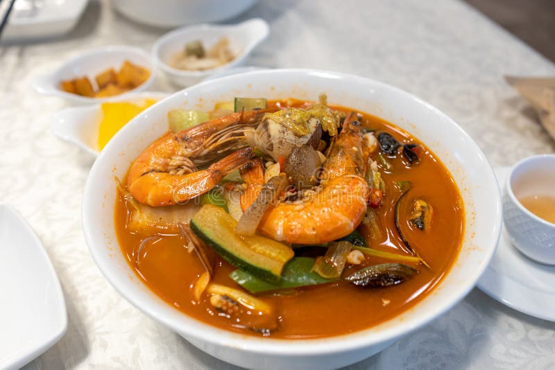 Popular Korean Food Spicy Noodle Soup Seafood Jjamppong Stock Photo