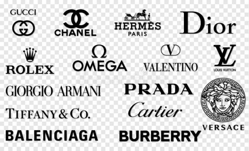 Top 10 most popular clothing brands. Logo Louis Vuitton, GUCCI, Hermes,  Prada, Coco Chanel, Ralph Lauren, Burberry, Versace, Fendi, Armani. Vector  illustration Stock Vector