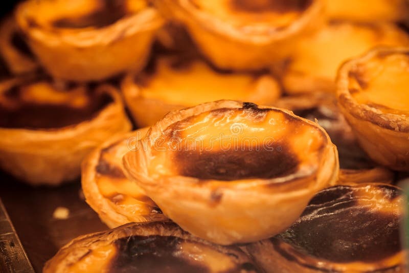 Popular in Portugal sweet food Pasteis. Delicious portuguese egg tart dessert