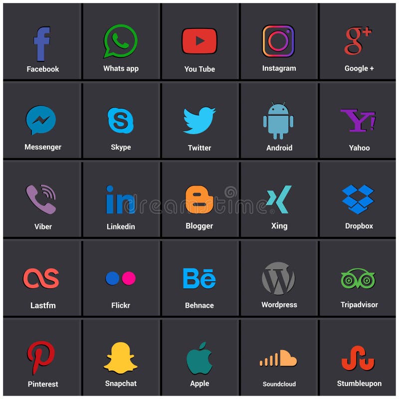 Popular social media icons such as: Facebook, Twitter, Blogger, Linkedin, Tumblr, Myspace and others, printed on black paper. For web design and application interface, also useful for infographics. Vector illustration.