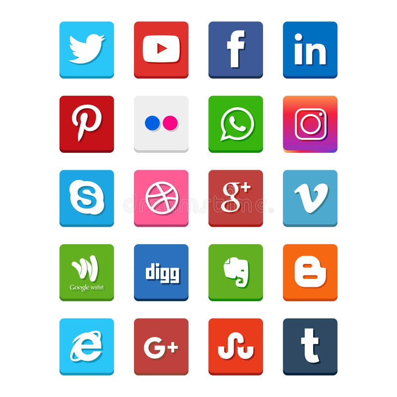 Popular social media icons such as: Facebook, Twitter, Blogger, Linkedin, Tumblr, Myspace and others, printed on white paper. For web design and application interface, also useful for infographics. Vector illustration.