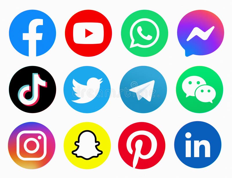 Popular social network logos printed on paper: Facebook, YouTube, Watsap, Tiktok, Twitter, Telegram, Wechat, Instagram. Snapchat, Pinterest and Linkedin Moscow