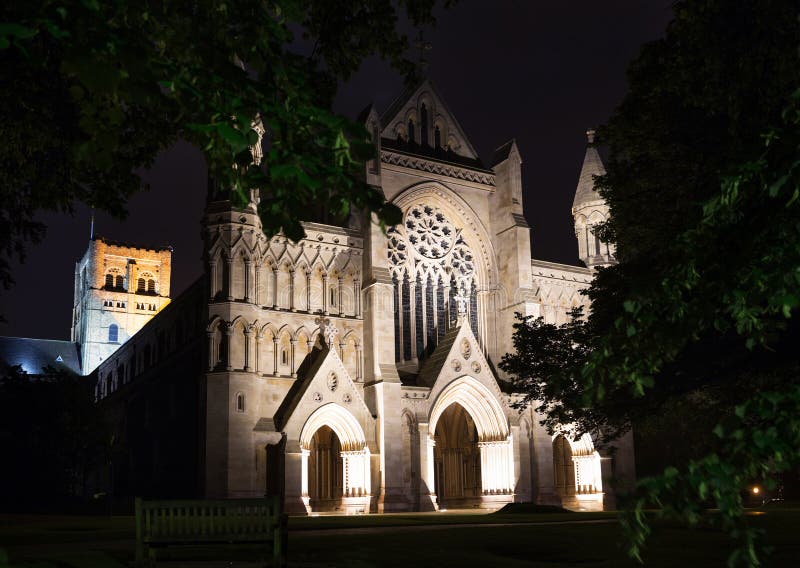 Popular tourist St Albans abbey church in night lights illumination in London, England, UK