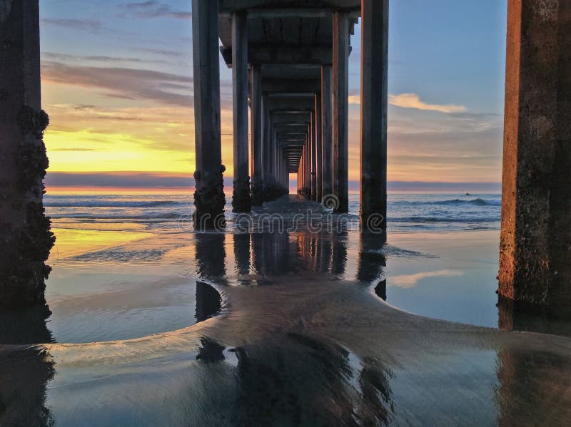 Under Scripps Pier, La Jolla, CA Sunset. Under a Southern California pier at sunset. Under Scripps Pier, La Jolla, CA Sunset. Under a Southern California pier at sunset.