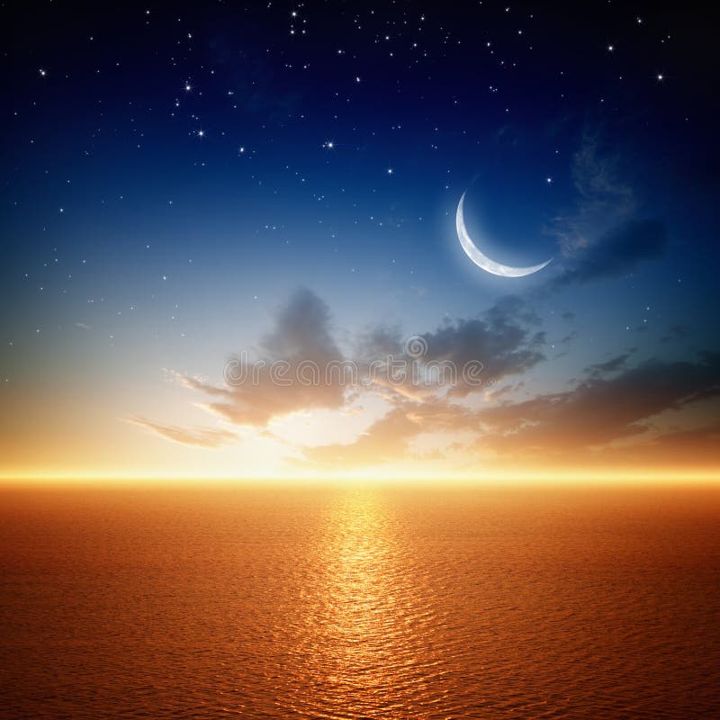 Por do sol bonito com lua ilustração stock