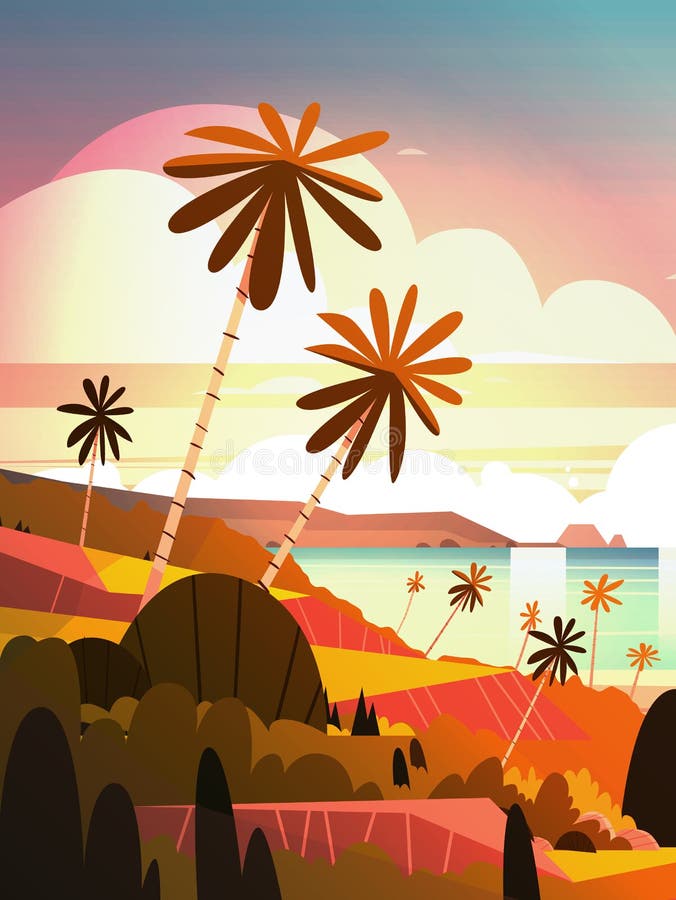Por do sol bonito no oceano, praia tropical do beira-mar do verão da paisagem com palmeira ilustração royalty free