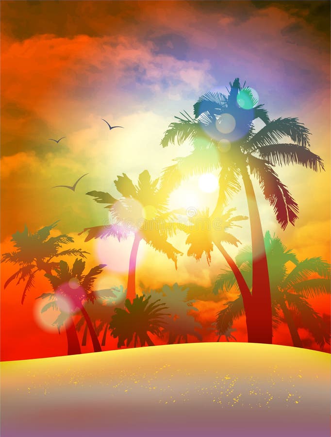 Por do sol bonito sobre a praia da areia com uma vista nas palmas ilustração do vetor
