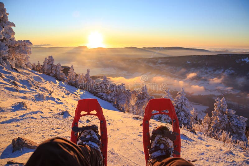 Por do sol do sapato de neve imagens de stock royalty free Por do sol do sapato de neve imagens de stock royalty free