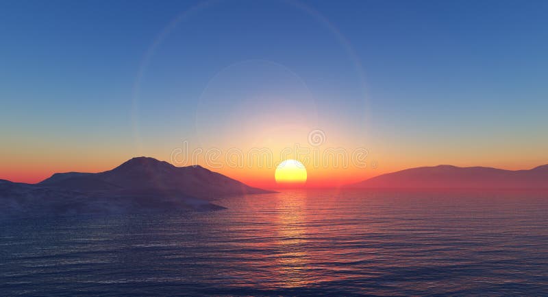 Por do sol sobre as montanhas pelo mar ilustração royalty free