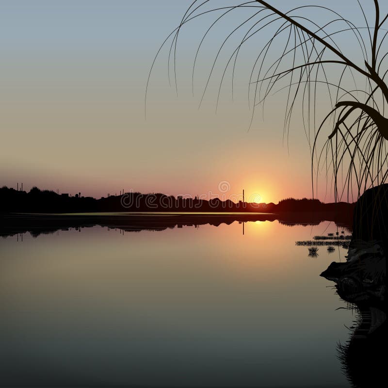 Por do sol sobre um lago do outono ilustração stock