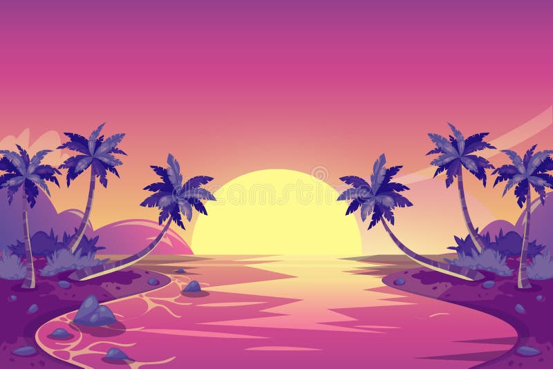Por do sol tropical do verão Ilustração da paisagem da ilha dos desenhos animados do vetor Palmeiras na praia do oceano Por do sol tropical do verão Ilustração da paisagem da ilha dos desenhos animados do vetor Palmeiras na praia do oceano
