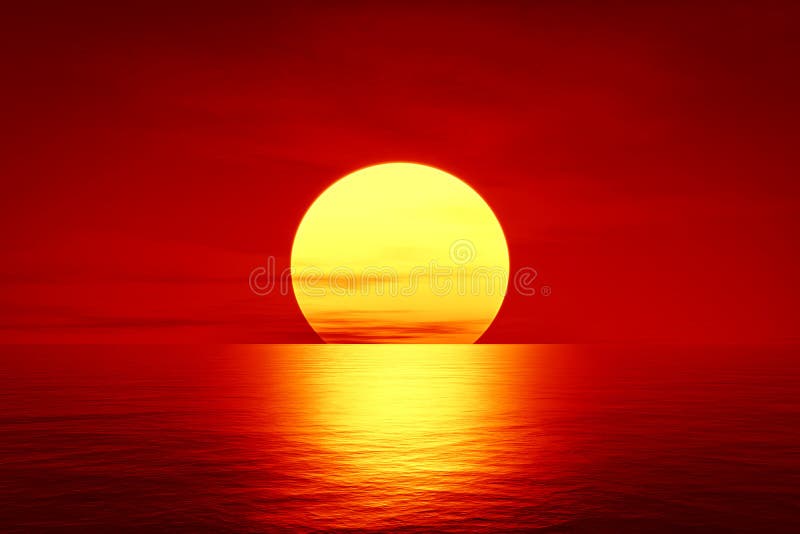Pôr do sol vermelho sobre o oceano ilustração do vetor