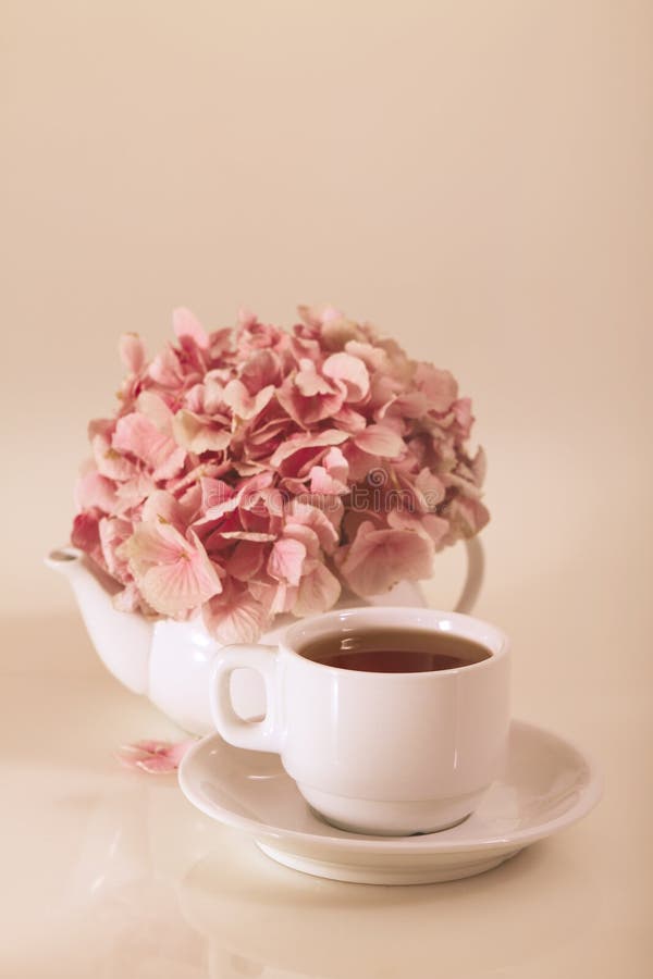 Porcelain Teapot And Cup Fo The Tea With Bunch Of Petals Of Pink