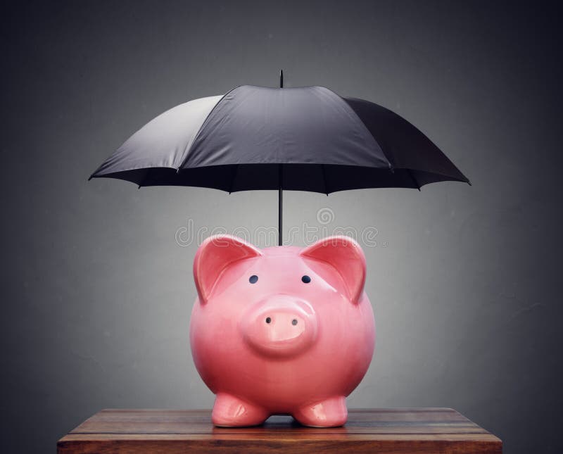 Piggy bank with umbrella concept for finance insurance, protection, safe investment or banking. Piggy bank with umbrella concept for finance insurance, protection, safe investment or banking