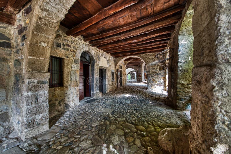 Porch of Cornello dei Tasso. Ancient village of the brembana valley Bergamo Italy