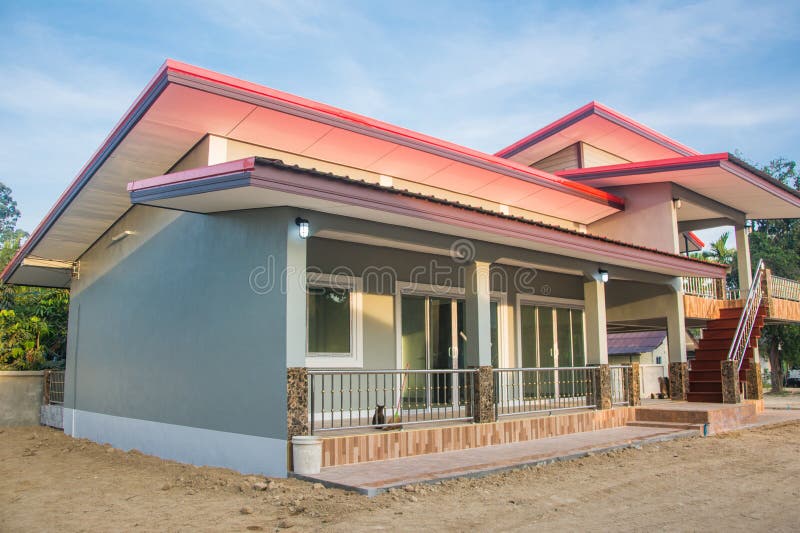 Porch on front view of bungalow new family house. Asia style design