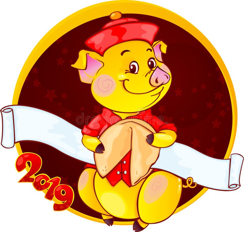 Porco da terra amarelo com a cookie de fortuna pelo ano novo 2019 corte ilustração stock Porco da terra amarelo com a cookie de fortuna pelo ano novo 2019 corte ilustração stock