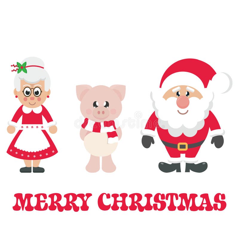 Porco dos desenhos animados do inverno com lenço e Sra. Santa de Papai Noel e de desenhos animados e texto do Natal ilustração do vetor Porco dos desenhos animados do inverno com lenço e Sra. Santa de Papai Noel e de desenhos animados e texto do Natal ilustração do vetor