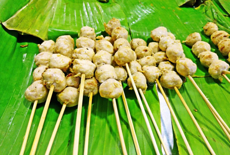 Pork Ball with Skewer on Banana Leaf Stock Photo Image of appetizer