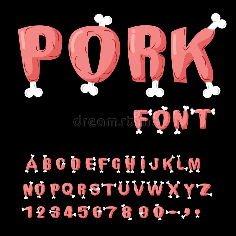 Pork font. Beef alphabet. Meat on bones of lettering. Ham ABC. royalty free illustration Pork font. Beef alphabet. Meat on bones of lettering. Ham ABC. royalty free illustration