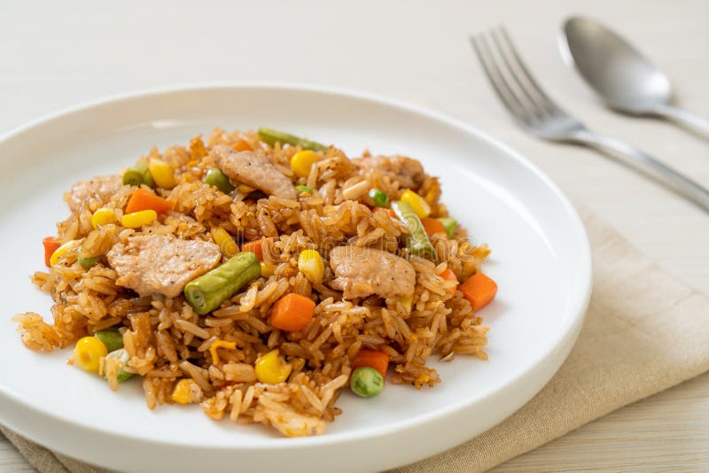 Pork Fried Rice on White Plate Stock Image Image of lunch, chicken