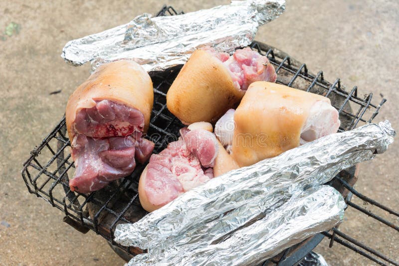 Pork leg on the grill stock photo. Image of fire, meal 80516426